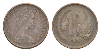 Австралия 1 цент 1966 Елизавета II (1952-2022), молодой портрет, опоссум KM 62 бронза 4588-1169