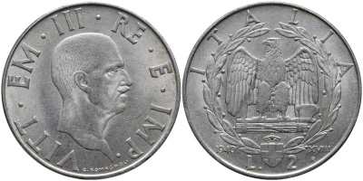 Италия 2 лиры 1940 VIII год, Виктор Эммануил III (1900-1946), магнитная KM 78b нержавеющая сталь 4162-241