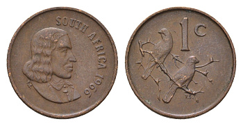 ЮАР 1 цент 1966 Ян ван Рибек (1619-1677), South Africa, легенда на африкаанс, капские воробьи KM 65.1 бронза 4690-1151