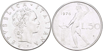 ИТАЛИЯ 50 ЛИР 1976 R, КУЗНЕЦ KM 95.1 нержавеющая сталь 4523-655