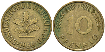 ФРГ 10 ПФЕННИГОВ 1950 J KM 108, J.383 сталь плакированная латунью 75-614