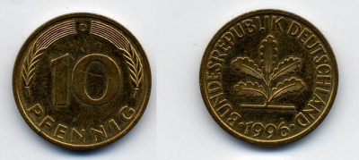 ФРГ 10 ПФЕННИГОВ 1996 A KM 108, J.383 сталь плакированная латунью 36-1223
