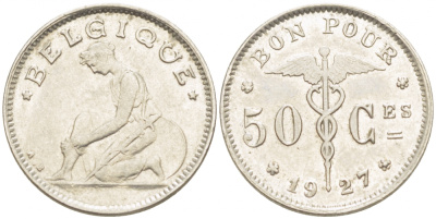 БЕЛЬГИЯ 50 САНТИМОВ 1927 BELGIQUE KM 87 никель 261-1613
