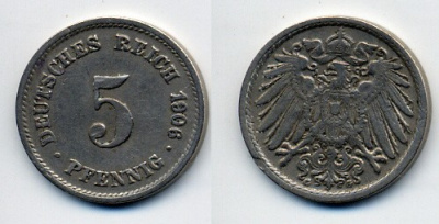 ГЕРМАНИЯ 5 ПФЕННИГОВ 1906 G, KM 11, J. 12 медно-никель 76-114