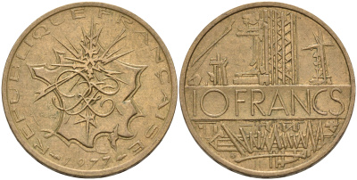 Франция 10 франков 1977 тип Матье KM 940, Le Franc 365.9-10 никель латунь 4599-1024