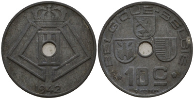 Бельгия 10 сантимов 1942 Belgique - Belgie, Леопольд III (1934-1947), германская оккупация, Вторая мировая война KM 125 цинк 44-1165