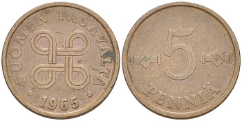 ФИНЛЯНДИЯ 5 ПЕННИ 1965 KM 45 медь 4516-1259