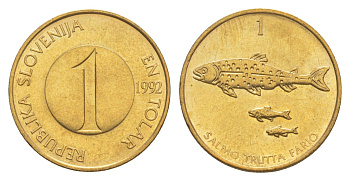 Словения 1 толар 1992 рыбы KM 4 латунь UNC 3996-1148