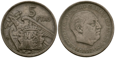 Испания 5 песет 1957 Франсиско Франко (1939-1975) KM 786 медно-никель 4176-443