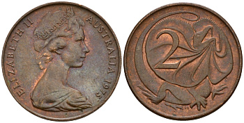 Австралия 2 цента 1975 Елизавета II (1953-), молодой портрерт, плащеносная ящерица KM 63 бронза 4601-744