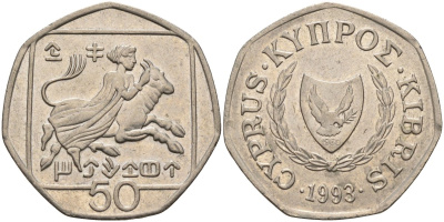 Кипр 50 центов 1993 похищение Европы KM 66 медно-никель 4141-1231
