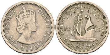 Британские Восточно-Карибские территории 10 центов 1955 Елизавета II (1952-2022), парусник KM 5 медно-никель 4564-568