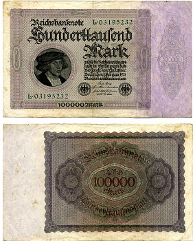 Германия 100000 марок 1923 1 февраля 1923, выпуск (март 1923-5 июля 1925), номер восьмизначный, серия L 03195232 Pick 83, Роземберг 82а бумага 8595-14-1-2