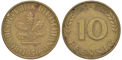 ФРГ 10 пфеннигов 1950 D KM 108, J. 383 сталь плакированная латунью 4132-525