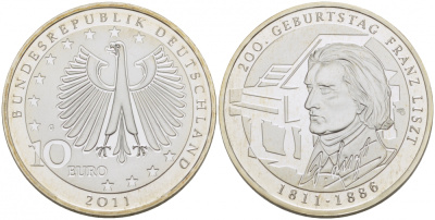 ФРГ 10 евро 2011 G, 200 лет со дня рождения Франца Листа KM 295, DE.S. 10.55 серебро PROOF 11-098-33
