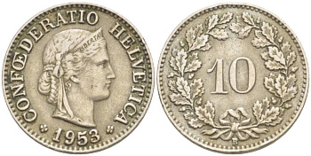 ШВЕЙЦАРИЯ 10 РАППЕНОВ 1953 В KM 27 медно-никель 216-1246