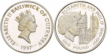 Гернси 1 фунт 1997 Елизавета и Филлип, золотая свадьба KM 70 серебро PROOF 02-117-27