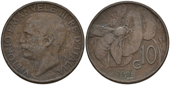 Италия 10 чентезимо 1926 Виктор Эммануил III (1900 - 1946) KM 60 медь 4146-415