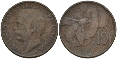 Италия 10 чентезимо 1926 Виктор Эммануил III (1900 - 1946) KM 60 медь 4146-415