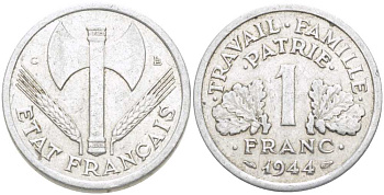 ФРАНЦИЯ 1 ФРАНК 1944 С, ТИП LEGERE, ПРАВИТЕЛЬСТВО ВИШИ KM 902.2, LE FRANC 223.7 алюминий 202-824
