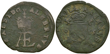 ИСПАНСКИЕ НИДЕРЛАНДЫ, ФЛАНДРИЯ 2 ДЕНЬЕ 1615 АЛЬБЕРТ И ИЗАБЕЛЛА, МОНОГРАММА АЕ KM 6 медь 65-835