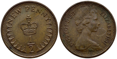Великобритания 1/2 пенни 1971 Елизавета II (1952-2022) KM 914, Spink 4239 бронза 4396-128