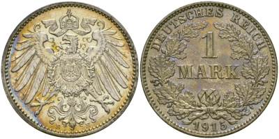 Германия 1 марка 1915 E Weege 18, J. 17, KM 14 серебро aUNC 98-1145