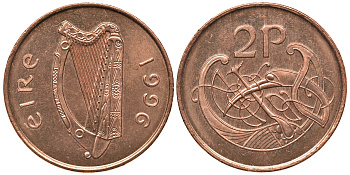 ИРЛАНДИЯ 2 ПЕНСА 1996 ВИНЬЕТКА В ВИДЕ СТИЛИЗОВАННОЙ ПТИЦЫ ИЗ ВТОРОЙ БИБЛИИ КАРЛА II ЛЫСОГО KM 21a сталь плакированная медью UNC 4390-252