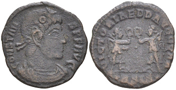 Римская Империя нуммий 347 - 348 Констант, бюст императора, CONSTANS PF AVG / две Виктории, VICTORIAE DD AVGGQ NN, Сисция (из немецкой коллекции 1-й половины XX века, с владельческой этикеткой) RIC 185 биллон 1073-14-111