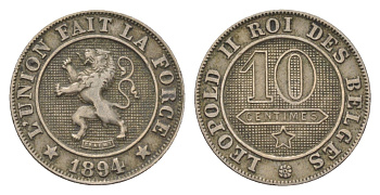 Бельгия 10 сантимов 1894 Belges, Леопольд II (1865-1909) KM 42 медно-никель 4623-1121