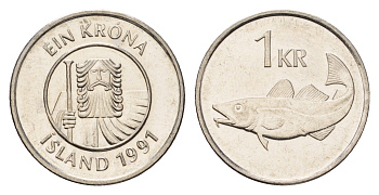 Исландия 1 крона 1991 треска KM 27a сталь плакированная никелем UNC 4691-551