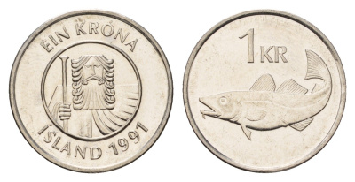 Исландия 1 крона 1991 треска KM 27a сталь плакированная никелем UNC 4691-551