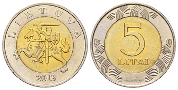 Литва 5 лит 2013 KM 113 биметалл UNC 4624-733