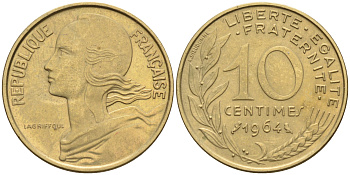 Франция 10 сантимов 1964 тип Марианна KM 929 медь алюминий никель    4594-1153