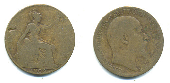 Великобритания 1 пенни 1909 Эдуард VII (1901-1910) KM 794.2, Spink 3990 бронза 4383-615