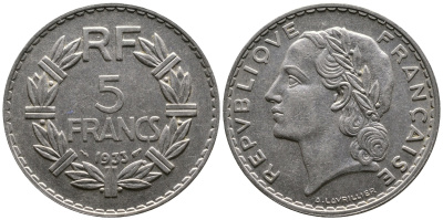 Франция 5 франков 1933 KM 888, Le Franc 336 никель 4112-443