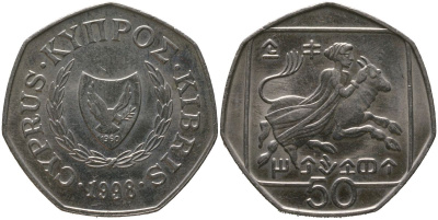 Кипр 50 центов 1998 похищение Европы KM 66 медно-никель 4402-1043