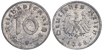 ГЕРМАНИЯ 10 РЕЙХСПФЕННИГОВ 1948 F, ОККУПАЦИЯ ГЕРМАНИИ СОЮЗНЫМИ ВОЙСКАМИ KM A 104 цинк aUNC 02-264-53