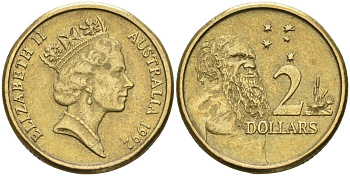Австралия 2 доллара 1992 абориген, Елизавета II (1953-) KM 101 алюминиевая бронза 4126-1053