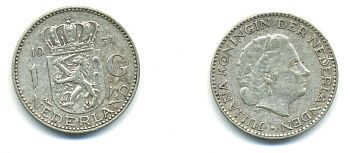 Нидерланды 1 гульден 1954 Юлиана (1948-1980) KM 184 серебро 83-736