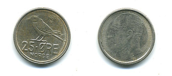 Норвегия 25 эре 1969 Улаф V (1958-1991), синица KM 407 медно-никель 4364-951