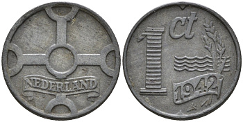 Нидерланды  1 цент 1942 королева Вильгельмина (1890 - 1948) KM 170 цинк 4174-266