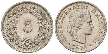 Швейцария 5 раппенов 1971 KM 26 медно-никель aUNC 4617-1048
