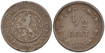 Нидерланды 1/2 цента 1884 Виллем III (1849-1890) KM 109 бронза 4576-262