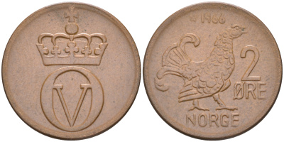 НОРВЕГИЯ 2 ЭРЕ 1966 КУРИЦА, ОЛАФ V (1957-1991) KM 410 бронза 98-812