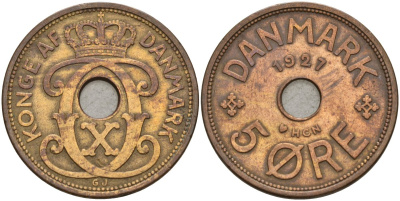 Дания 5 эре 1927 Кристиан X (1912-1947) KM 828 бронза 4148-214