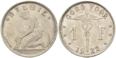БЕЛЬГИЯ 1 ФРАНК 1922 BELGIE KM 90 никель 4546-217