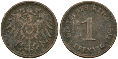 Германия 1 пфенниг 1892 A, Вильгельм II (1888-1918) KM 10, J. 10 медь 3955-553