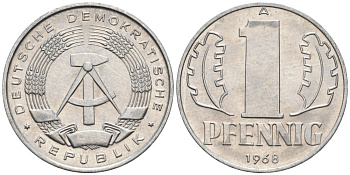 ГДР 1 пфенниг 1968 А KM 8.1 алюминий aUNC 4564-1021