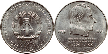 ГДР 20 марок 1972 А, Фридрих Шиллер (1759-1805) KM 40 медно-никель aUNC 1523-113